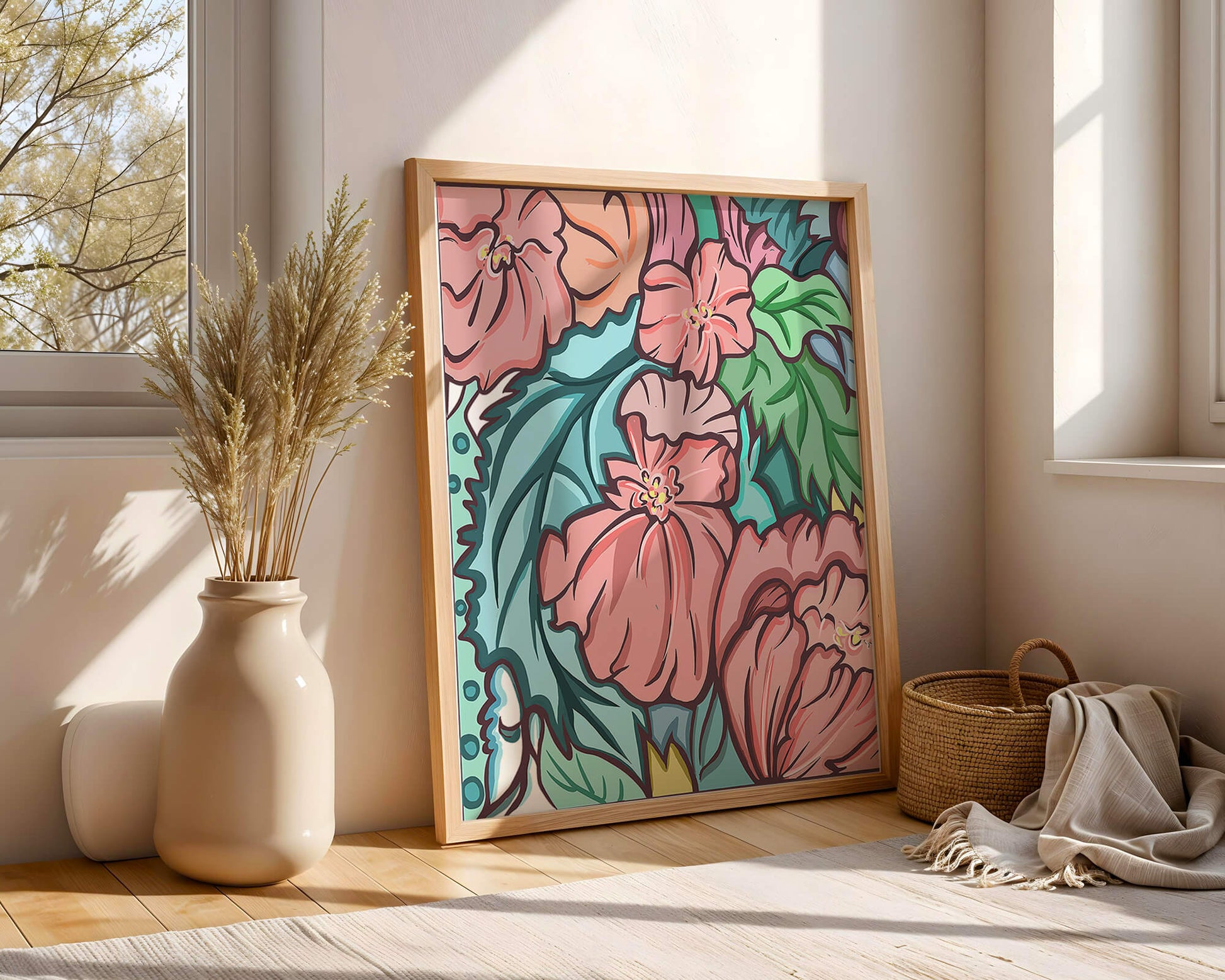 Elegant floral pattern illustration with pink blossoms and green leaves