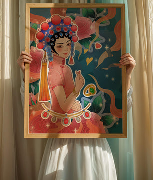 Traditional Asian-inspired illustration with jewelry and floral accents