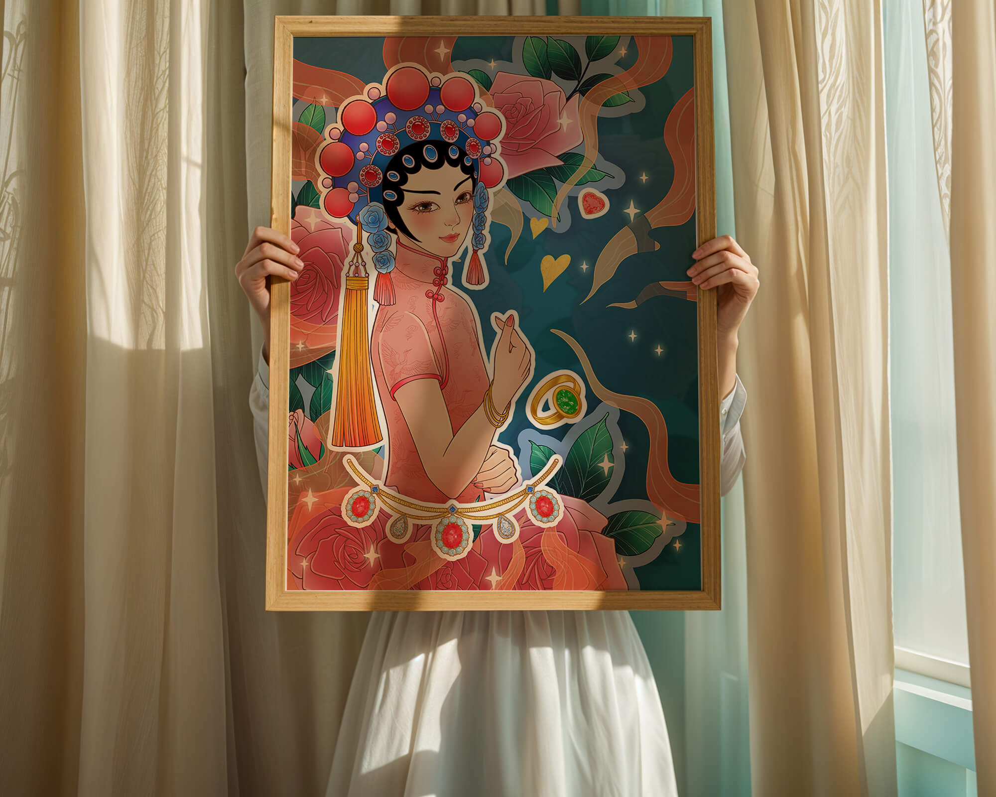 Traditional Asian-inspired illustration with jewelry and floral accents