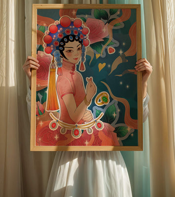 Traditional Asian-inspired illustration with jewelry and floral accents