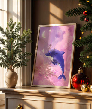 Dreamlike underwater scene with dolphin and moonlit sky
