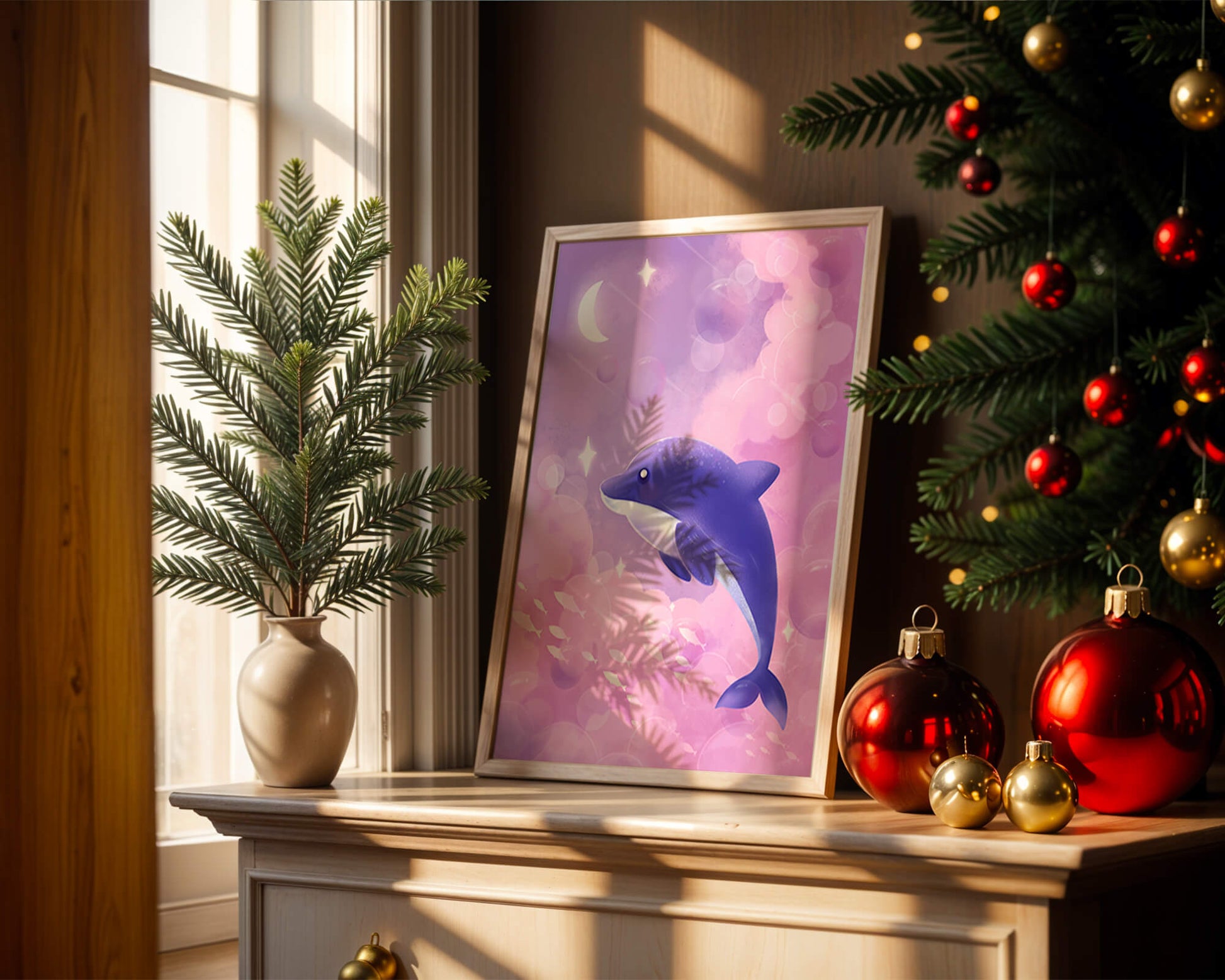Dreamlike underwater scene with dolphin and moonlit sky