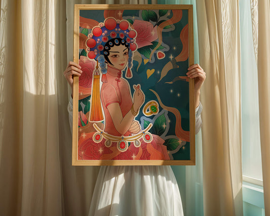 Traditional Asian-inspired illustration with jewelry and floral accents