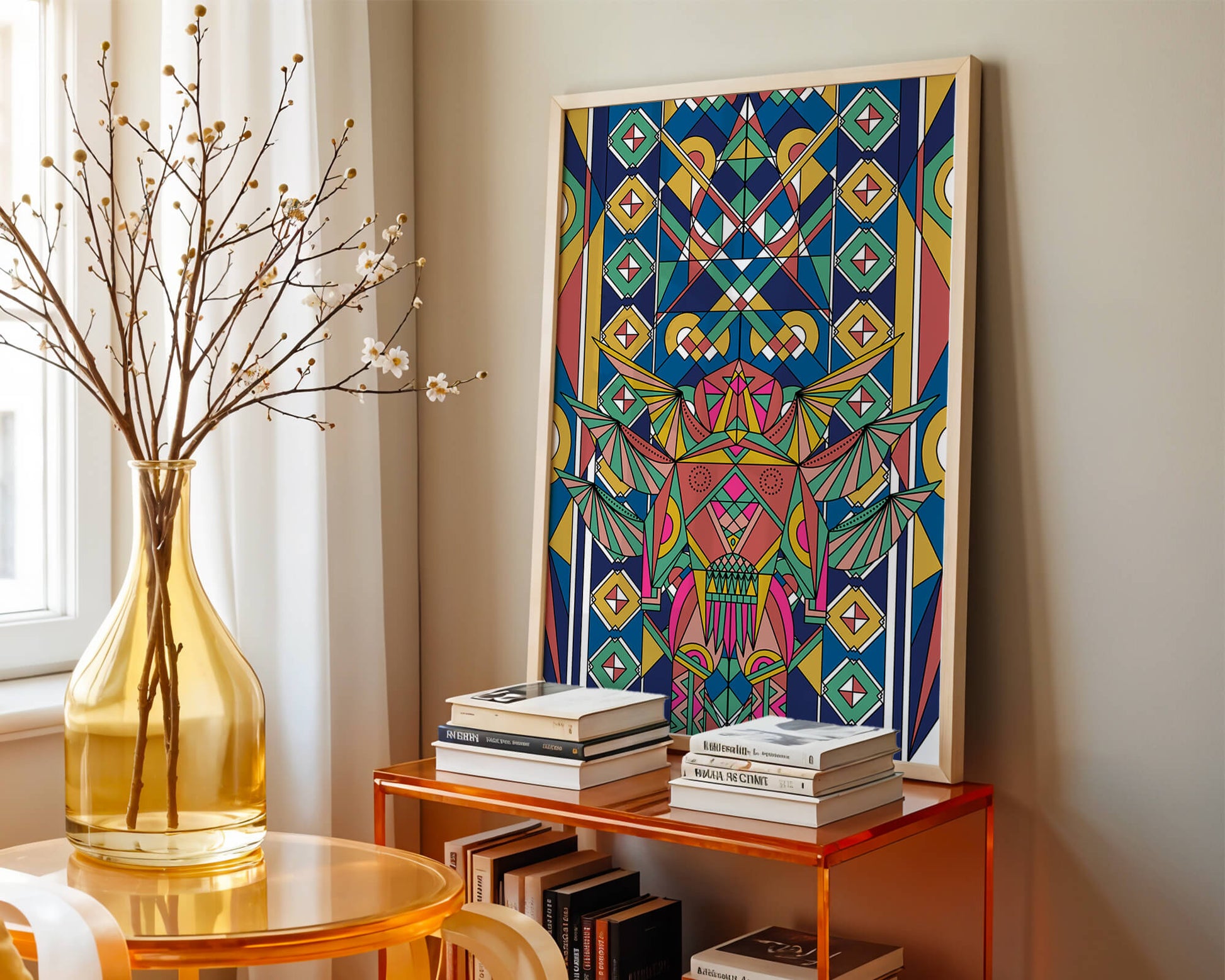 Obra de arte abstracta geométrica colorida con patrones simétricos