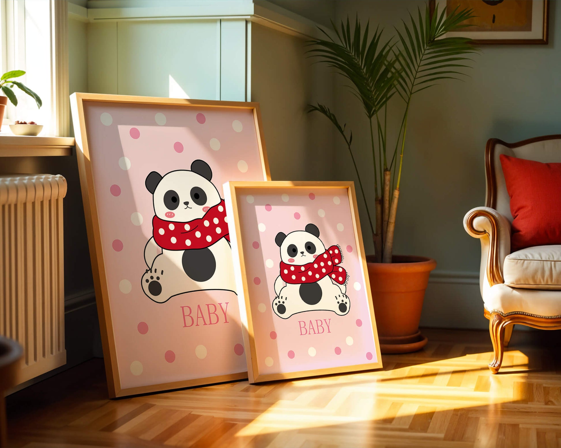 Cartoon panda with red scarf on pink polka dot background