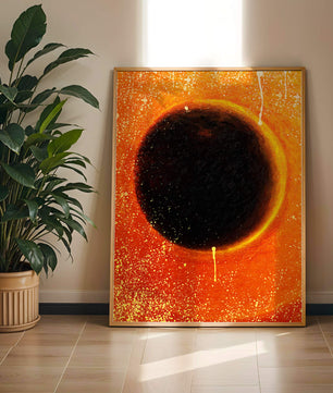 Abstract Representation of a Solar Eclipse with Vibrant Orange and Black Contrast