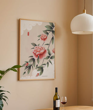 Oriental floral illustration with pink peonies and calligraphy