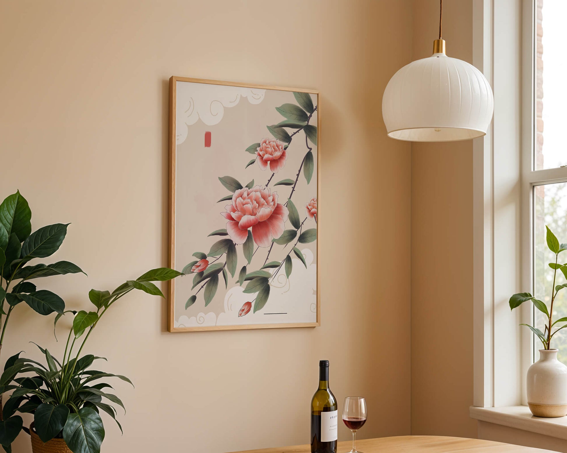 Oriental floral illustration with pink peonies and calligraphy