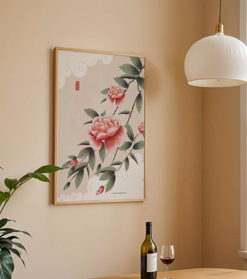 Oriental floral illustration with pink peonies and calligraphy