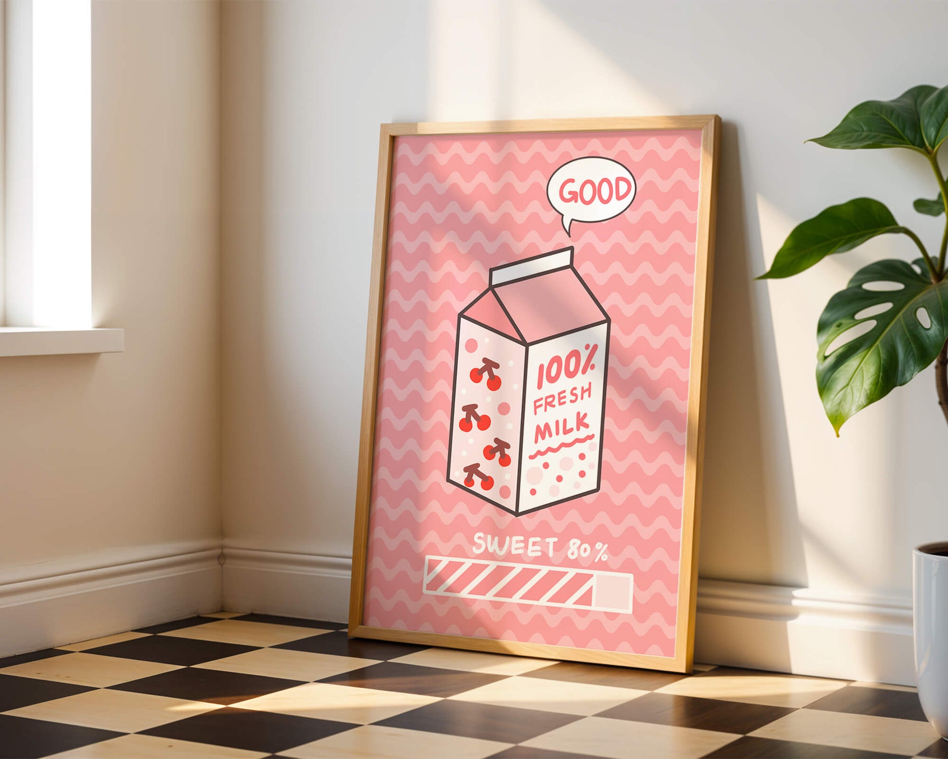 Playful illustration of milk carton with cherry design on pink background