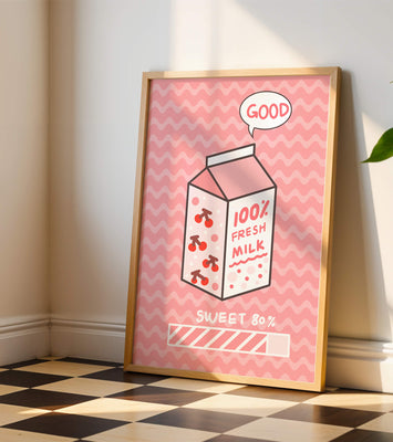 Playful illustration of milk carton with cherry design on pink background