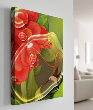 Vibrant floral illustration with hummingbird and lush greenery