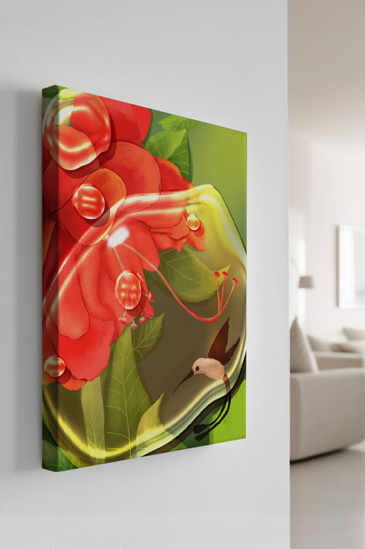 Vibrant floral illustration with hummingbird and lush greenery