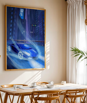 Futuristisches blaues Auto rast durch neonbeleuchtete, verregnete Stadtlandschaft