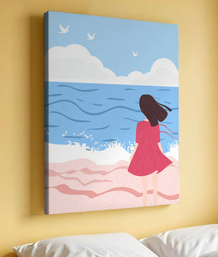 Serene seaside illustration with a girl in a pink dress gazing at the ocean