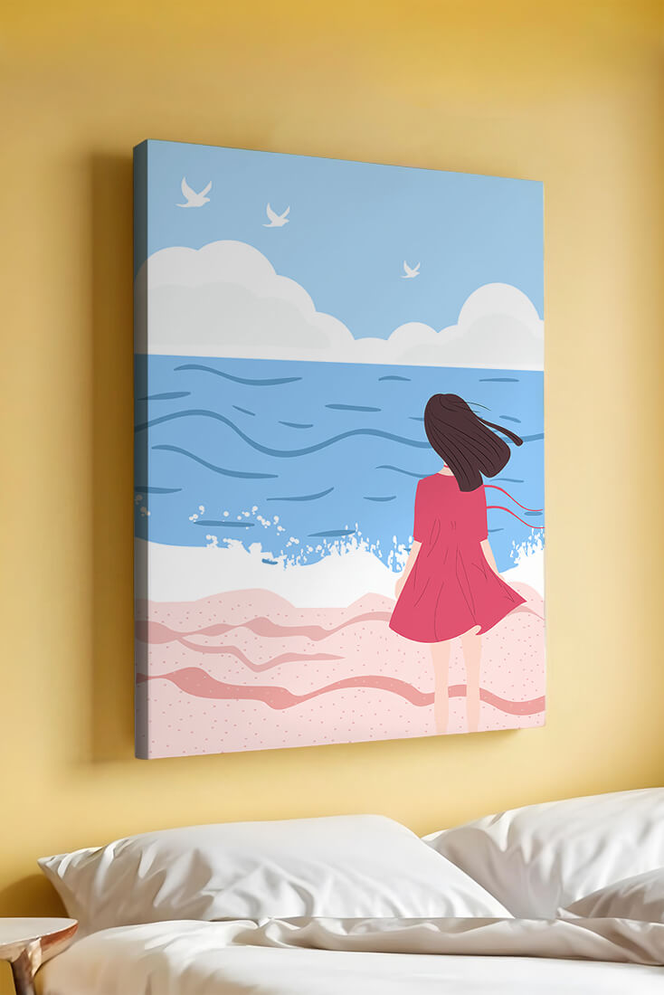 Serene seaside illustration with a girl in a pink dress gazing at the ocean