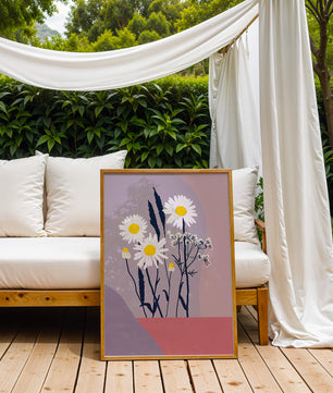 Illustrative floral artwork with daisies and abstract background