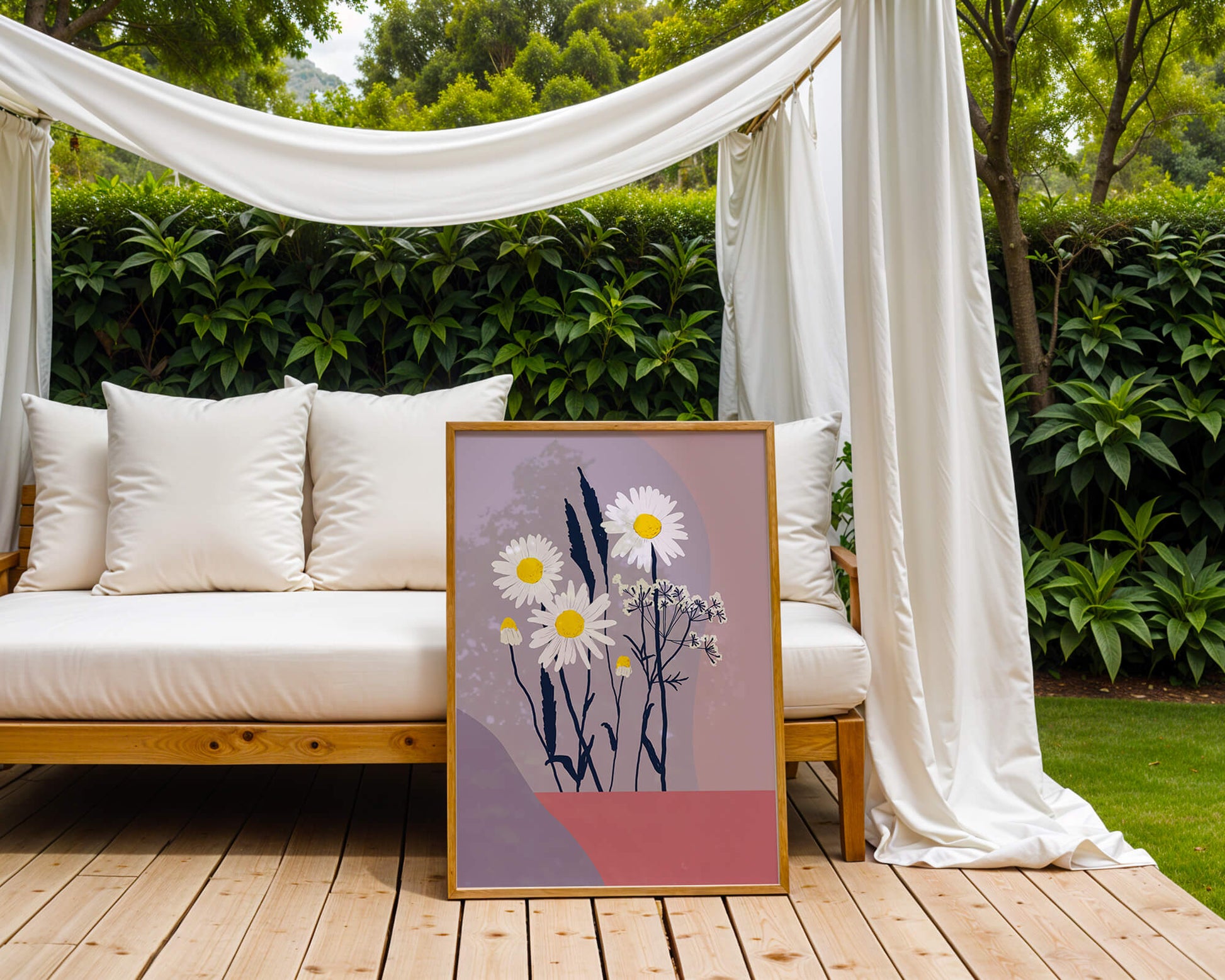 Illustrative floral artwork with daisies and abstract background