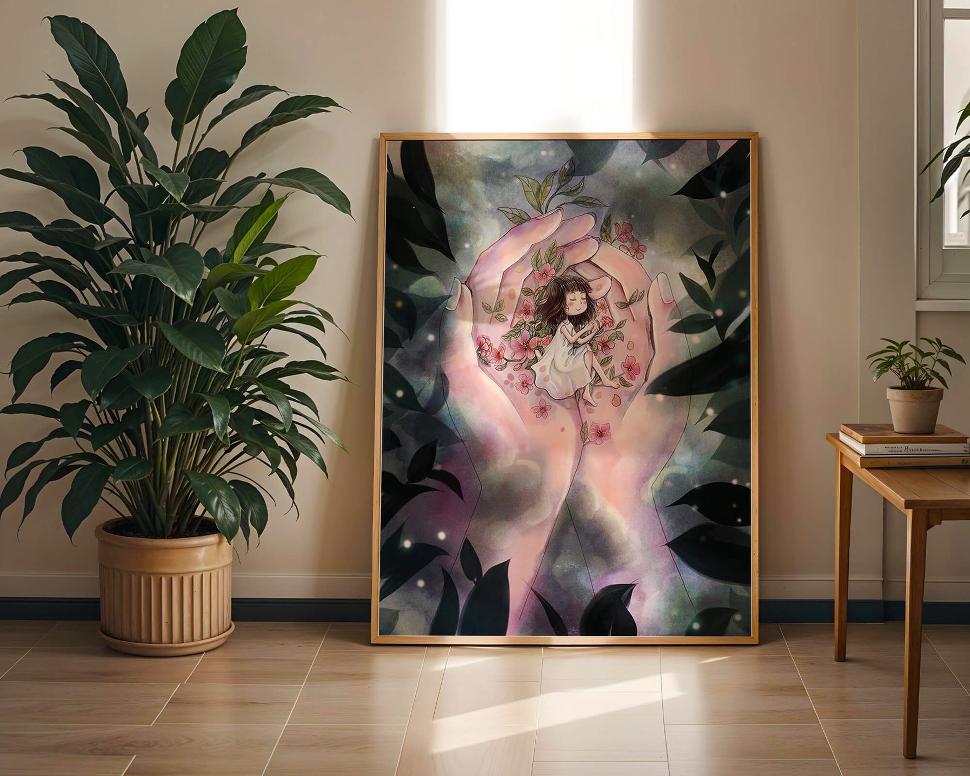 Serene illustration of a child cradled in hands with flowers