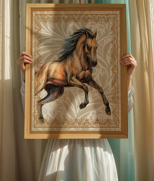 Elegant horse illustration with ornate golden frame