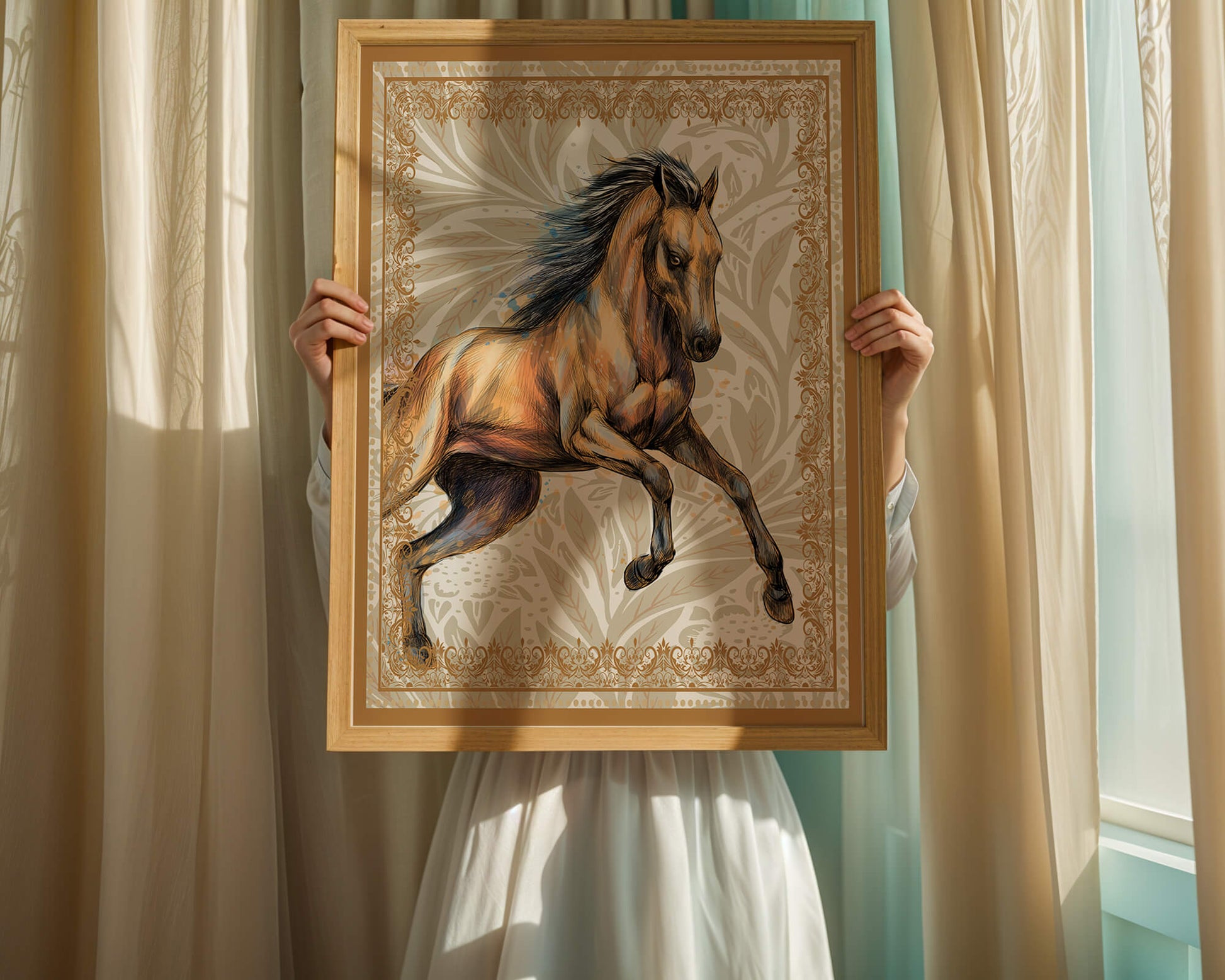 Elegant horse illustration with ornate golden frame