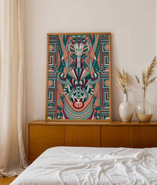 Patrón geométrico de animales con toro y cobra en colores vibrantes