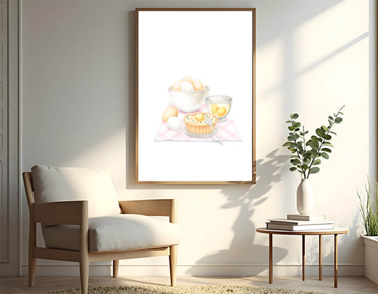 bowl of eggs and quiche on checkered cloth with fork in kitchen setting
