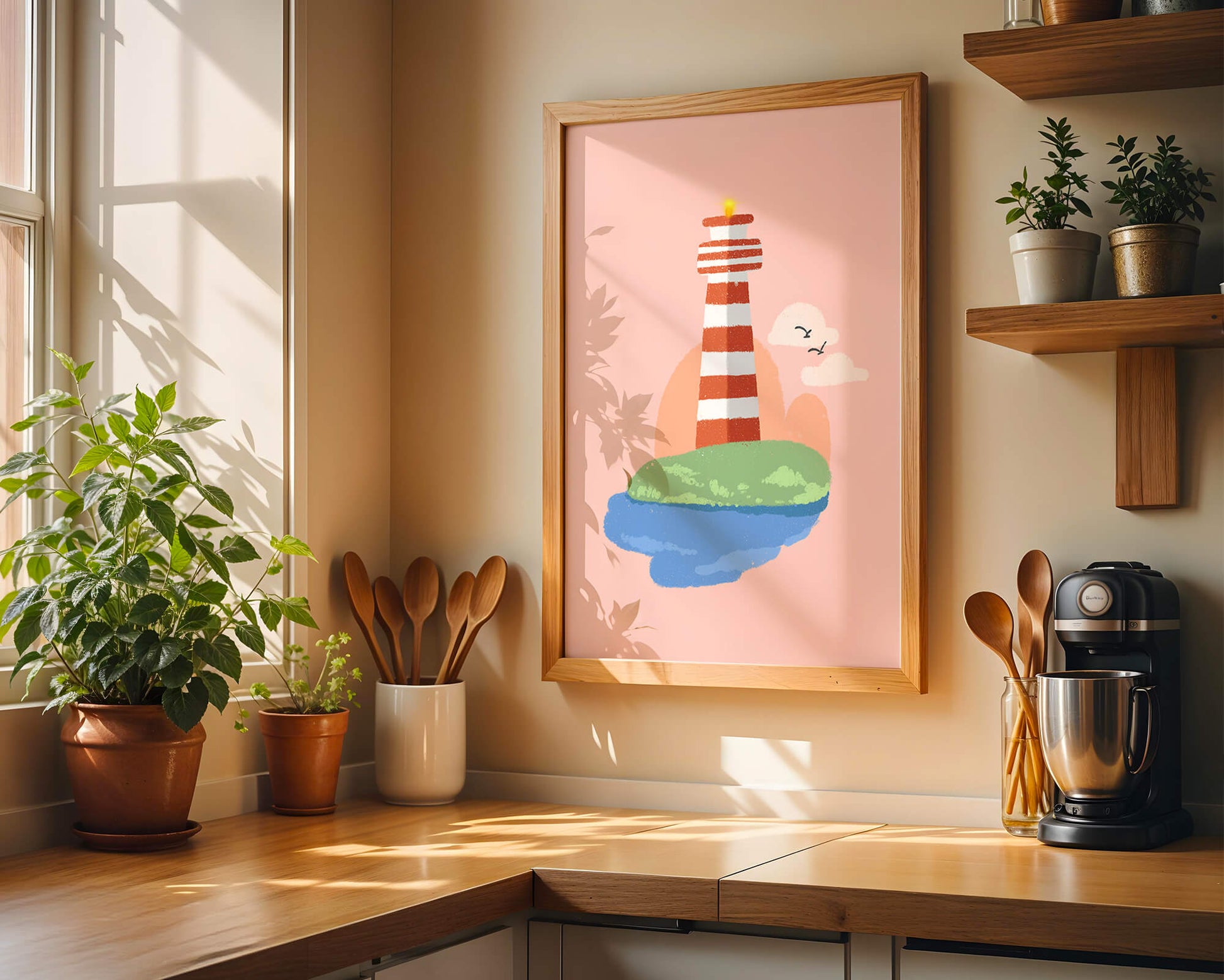 Ilustración encantadora de un faro con un entorno costero tranquilo