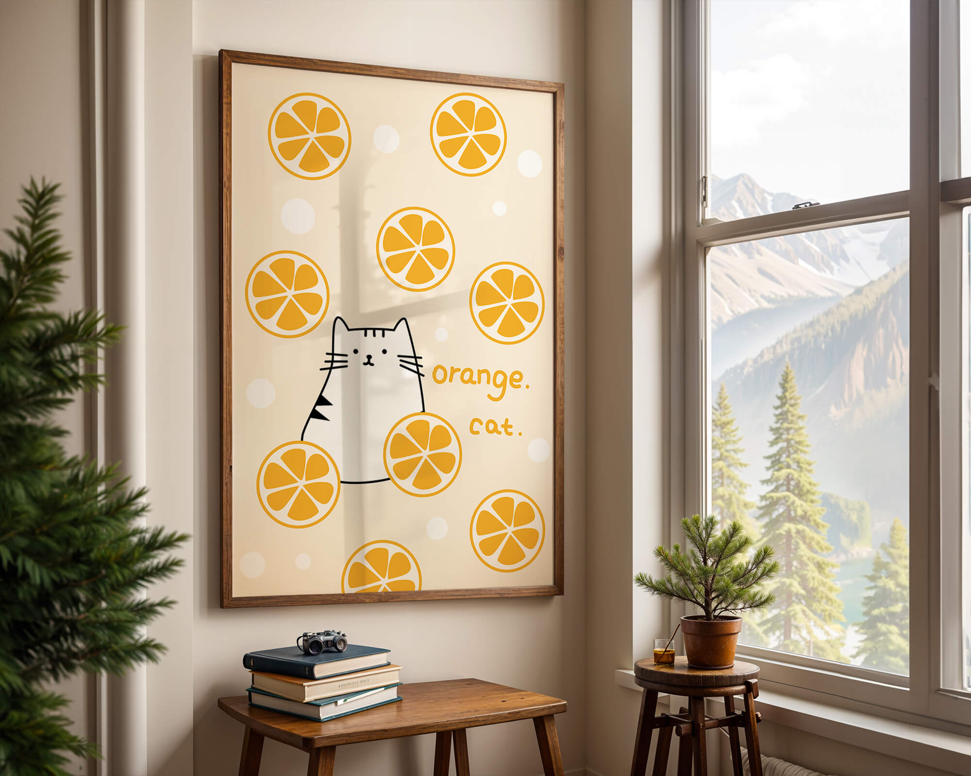 Playful illustration featuring a cat and orange slices