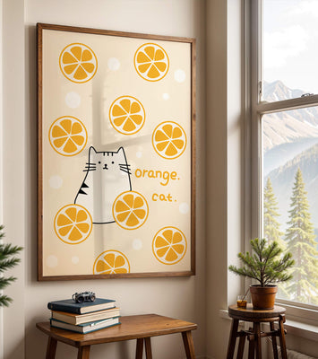 Playful illustration featuring a cat and orange slices