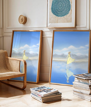 Woman in yellow dress standing on reflective water against clear sky
