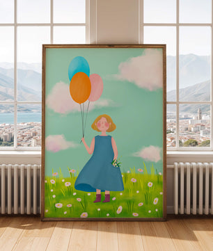 Girl with balloons in a field of daisies under a blue sky