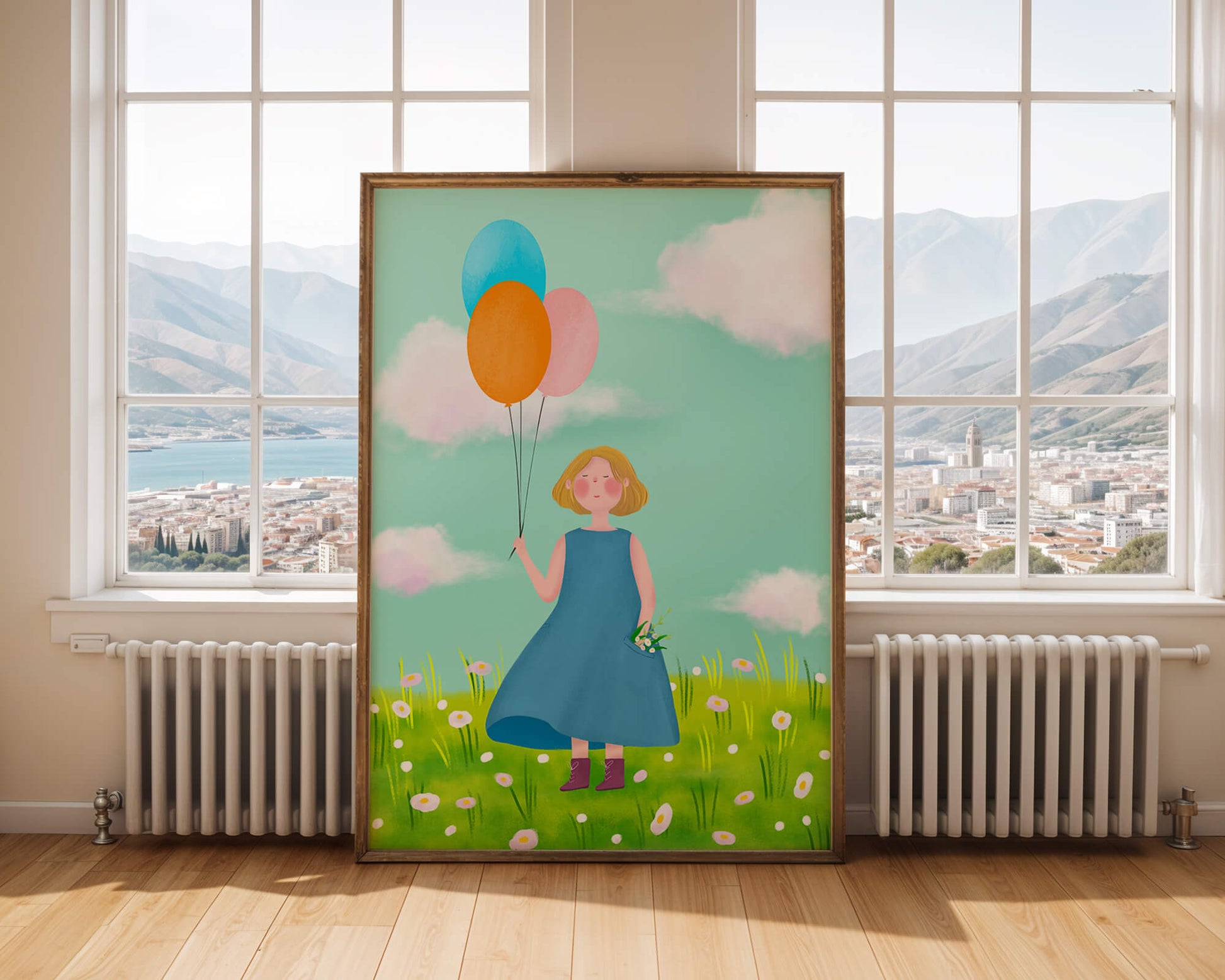 Girl with balloons in a field of daisies under a blue sky