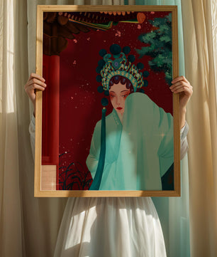 Traditional Asian art with elegant woman in traditional attire