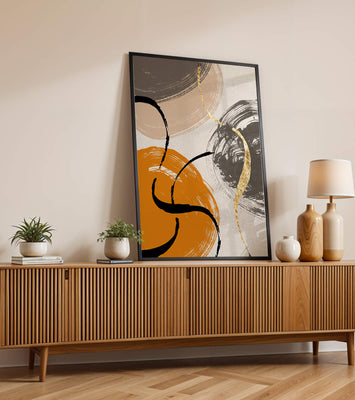 Abstract Art with Orange, Black, and Gold Brushstrokes