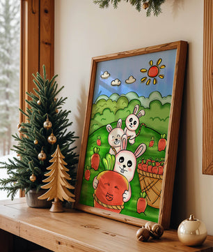 Illustration de lapins espiègles avec des carottes dans un champ ensoleillé