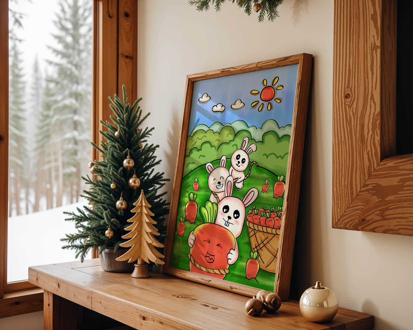 Illustration de lapins espiègles avec des carottes dans un champ ensoleillé