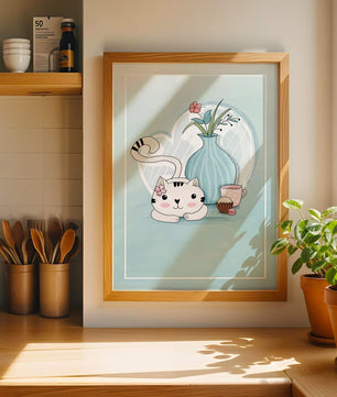 Cute Cat with Flowers, Cup, and Vase on Blue Background - Mi tienda