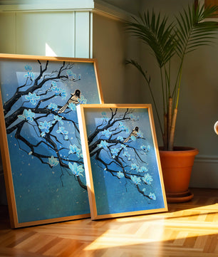 Blue Blossoms on Branch with Bird in Winter Scene