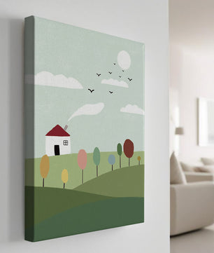 Minimalist Landscape with Colorful Trees and House