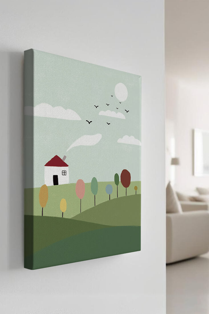 Minimalist Landscape with Colorful Trees and House
