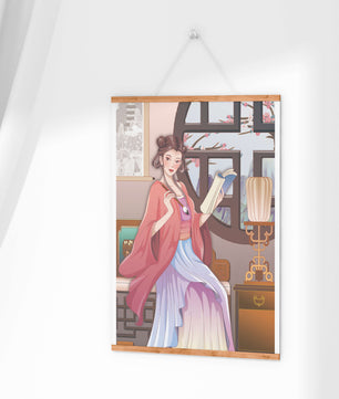 Illustrated scene of a woman in traditional attire reading by a window