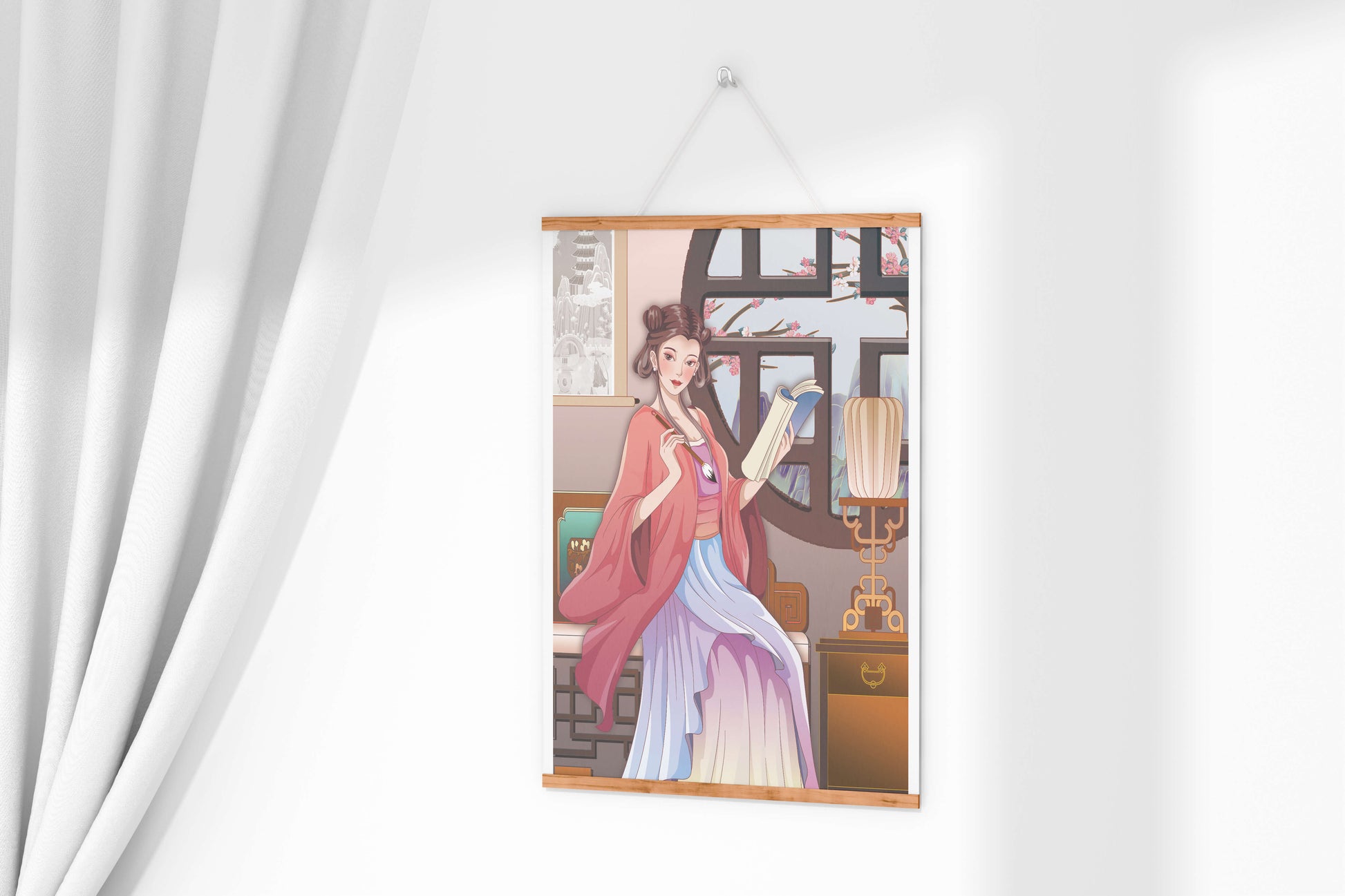 Illustrated scene of a woman in traditional attire reading by a window