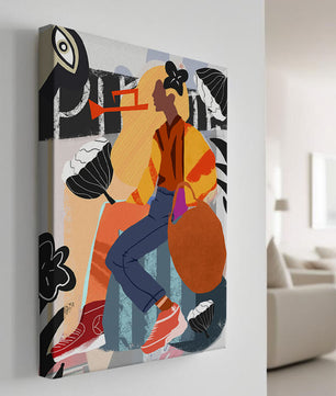 Colorful abstract fashion illustration with floral and geometric elements