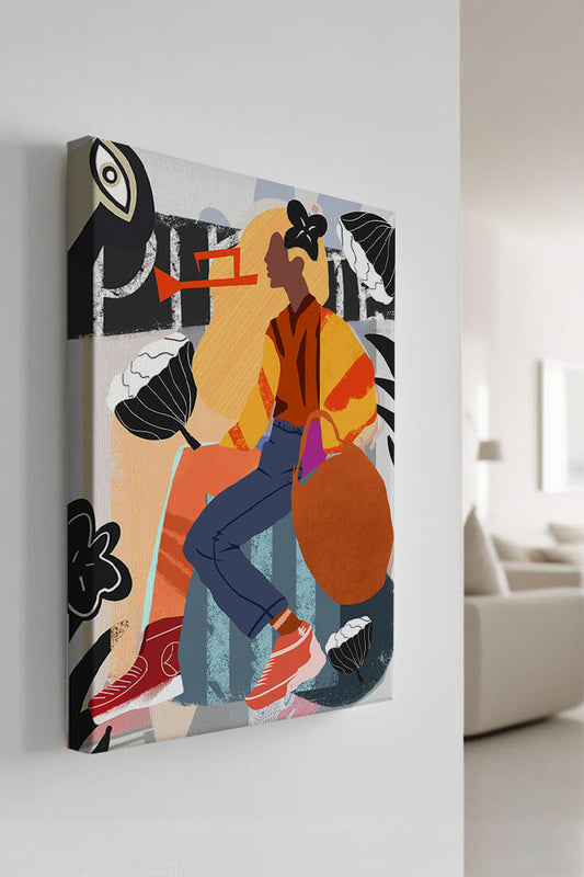 Colorful abstract fashion illustration with floral and geometric elements