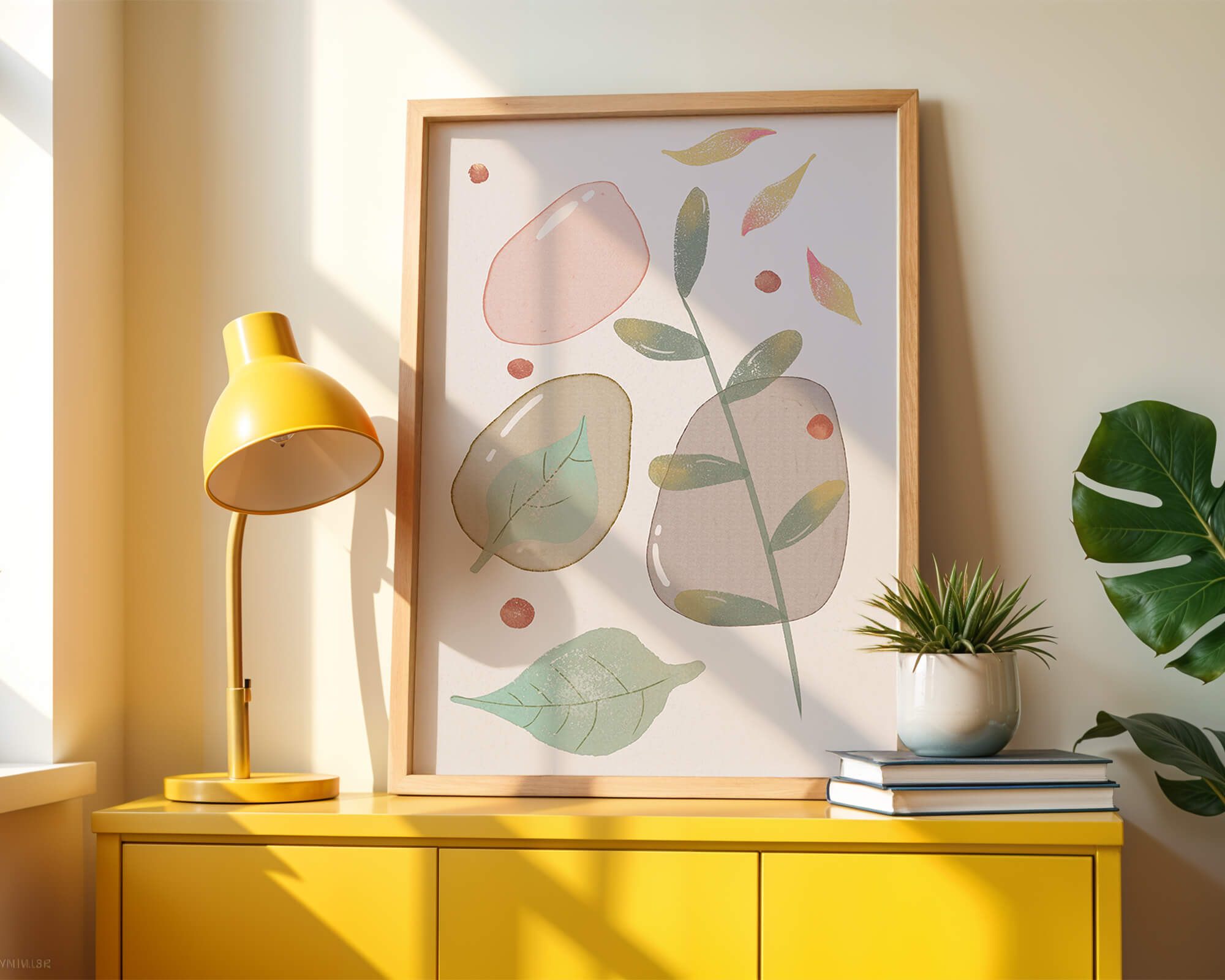 Abstract botanical illustration with pastel colored leaves and shapes