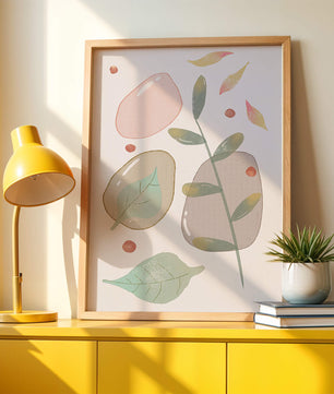 Abstract botanical illustration with pastel colored leaves and shapes
