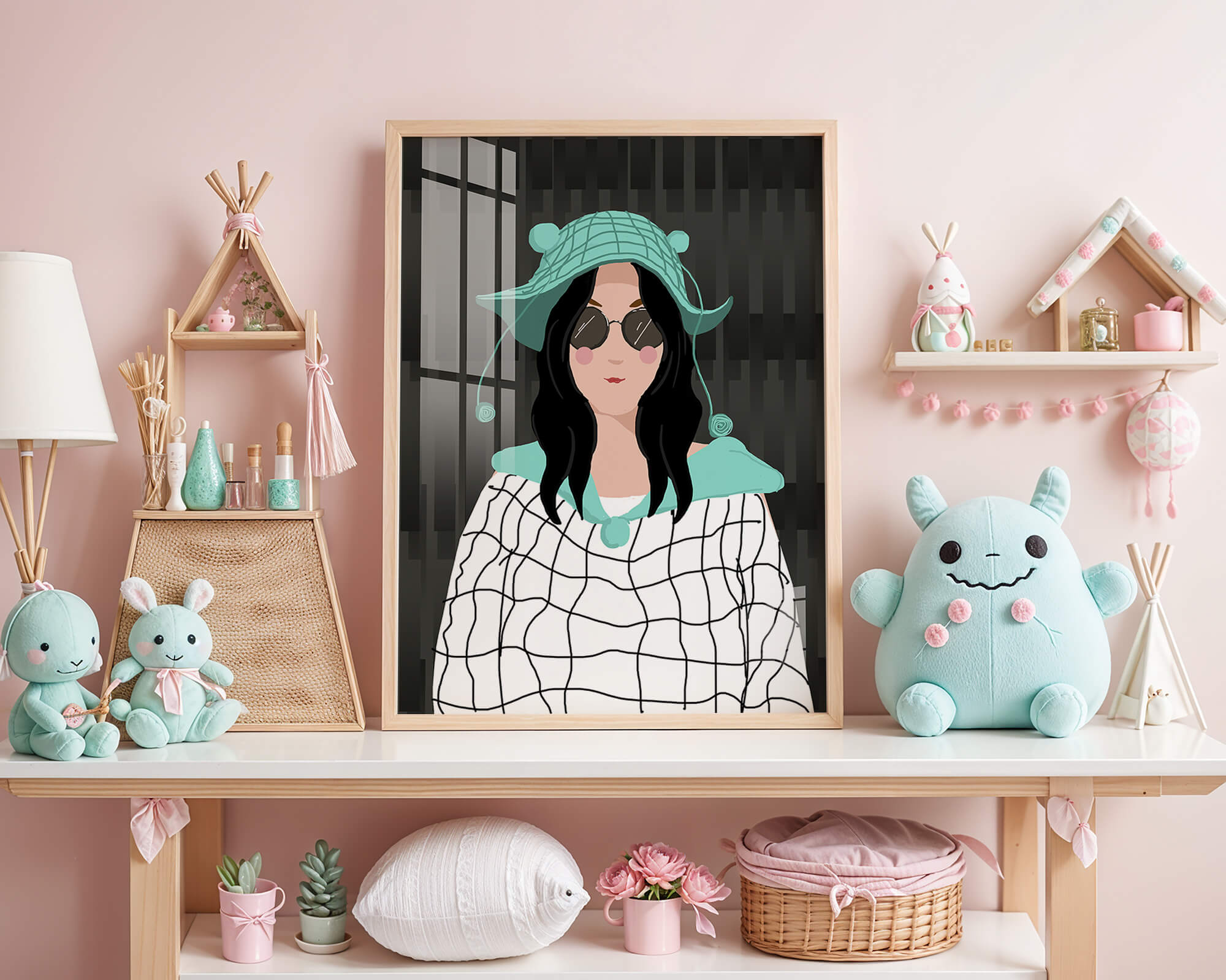Illustration of a woman in a colorful hat and sunglasses