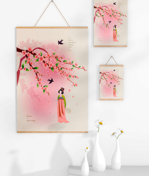 Art chinois traditionnel avec des fleurs de cerisier et une silhouette élégante