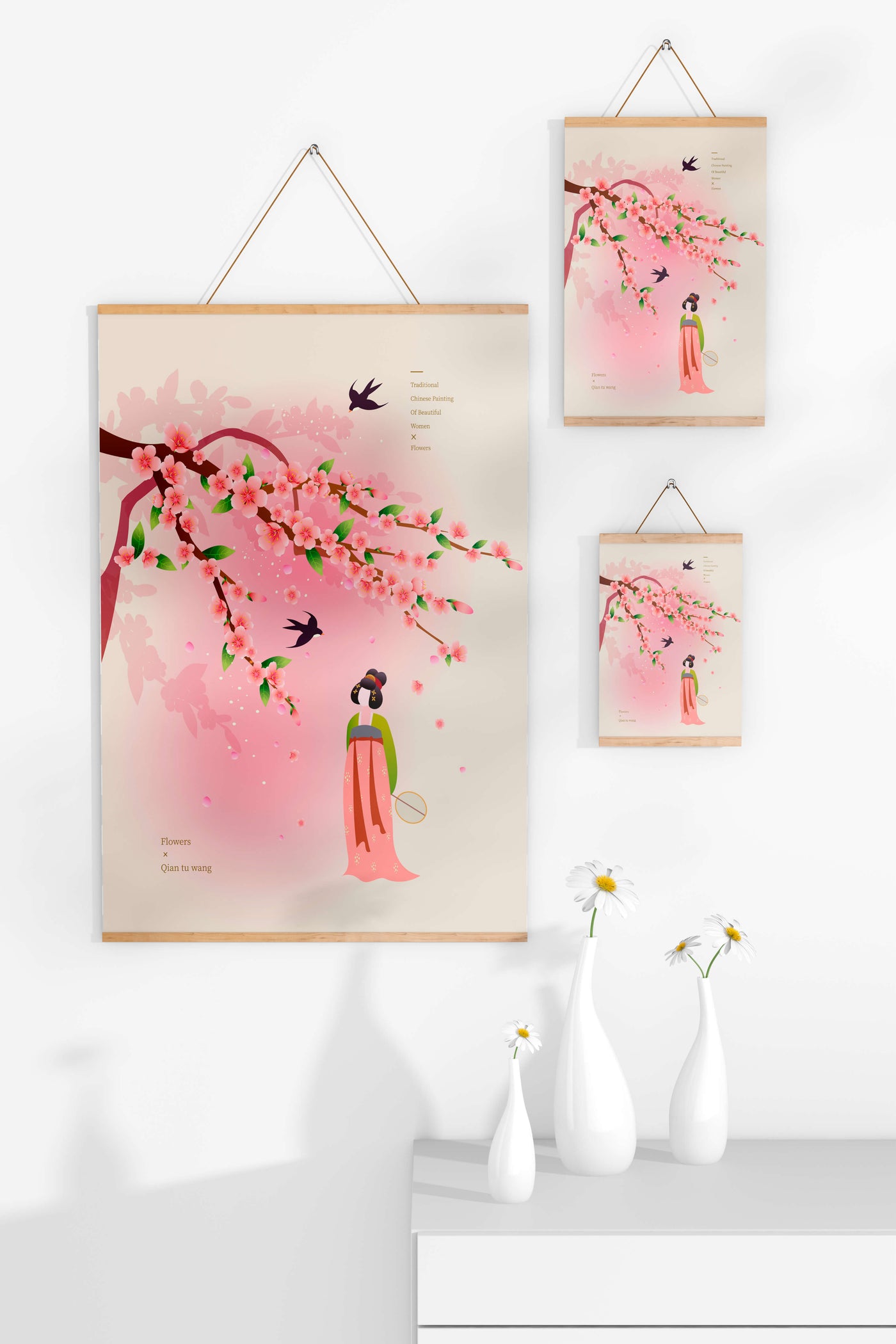Traditional Chinese art with cherry blossoms and elegant figure